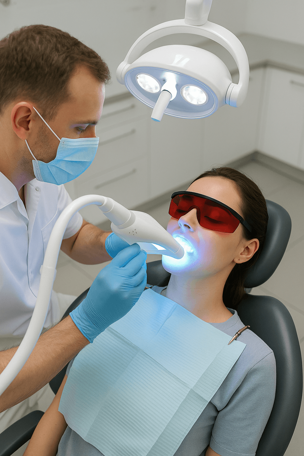 Dentist performing a teeth whitening treatment on a patient.